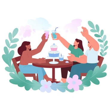 A small gathering of friends enjoying cupcakes and drinks in a simple backyard.