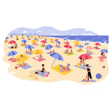A packed beach scene on a hot summer day. The sandy shore is filled with colorful umbrellas in shades of red, blue, and yellow, providing shade to sunbathers below. Beach towels in various patterns are spread out over the sand, with people lounging, reading, and chatting. Children are building sandcastles nearby, while others are playing with beach balls. In the background, waves crash gently on the shore, and a bright blue sky is dotted with a few fluffy clouds. The overall atmosphere conveys a lively summer vibe, with limited space for relaxation amidst the vibrant crowd.