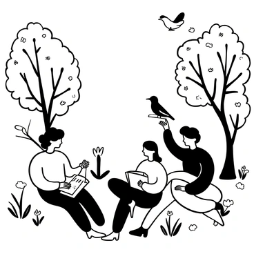 A group of students sitting on the grass in a nature reserve, focused on sketching various birds perched on branches nearby. Each student has an open sketchbook on their lap and is holding a pencil, deeply engaged in capturing the details of the birds. In the background, there are trees with dense foliage and scattered wildflowers. A few birds are seen flying or resting on the branches, adding a sense of life to the scene. The overall composition suggests a peaceful, educational atmosphere.