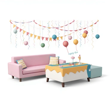 Colorful streamers and balloons creating a festive atmosphere in a living room