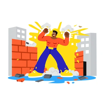 A muscular figure of Scar mid-action, channeling intense energy from his hands. He is surrounded by swirling clouds of dust and debris as he disintegrates a brick wall. The wall exhibits cracks and crumbling pieces flying outward. The urban setting features tall buildings in the background and scattered debris on the ground. Scar's expression shows determination and focus as he unleashes his powerful alchemy. The scene captures the vivid energy of the moment, creating a dynamic visual impact.