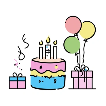 A round birthday cake, with layers in vibrant shades of pink, blue, and yellow, is placed at the center of the image. The cake features intricate icing designs and a scattering of colorful sprinkles. On top of the cake, several lit candles in various colors flicker gently. Surrounding the cake are bright party decorations: balloons in red, green, and orange float above, while colorful streamers drape around the scene. A small stack of gift boxes in shiny wrapping paper sits nearby, completing the festive atmosphere.