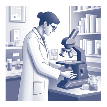 A scientist wearing a lab coat stands in a modern laboratory filled with scientific equipment. The scientist is focused intently on a high-tech microscope with intricate details and a sleek design. Surrounding the microscope are various lab instruments and beakers filled with substances, creating a busy yet organized environment. The room is illuminated with bright overhead lights, highlighting the surface of the microscope and the scientist's concentrated expression as they observe the tiny details of atoms through the lens. The walls are lined with shelves of books and reference materials related to atomic science.