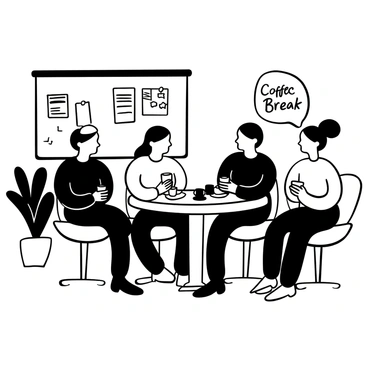 A group of nurses seated around a small round table in a cozy hospital break room. They are holding cups of coffee and engaged in relaxed conversation. The table is cluttered with snacks, and there are a few medical magazines scattered about. A bulletin board with pinned notes and announcements is visible in the background. A potted plant adds a touch of greenery to the room, while sunlight filters through the window, illuminating the warm atmosphere. "Coffee Break" is written on a whiteboard nearby.