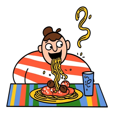 A person with light skin and big eyes, wearing a red and white striped shirt, is sitting at a table with a plate of spaghetti in front of them. They are leaning forward excitedly, with their mouth open and a long, swirling strand of spaghetti coming from the plate to their mouth. The person has short, messy brown hair and a big smile on their face, showcasing their enthusiasm for the meal. The spaghetti is topped with tomato sauce and sprinkled with grated cheese, and there are a few meatballs on the plate. The background features a colorful tablecloth and a glass of sparkling water beside the plate.