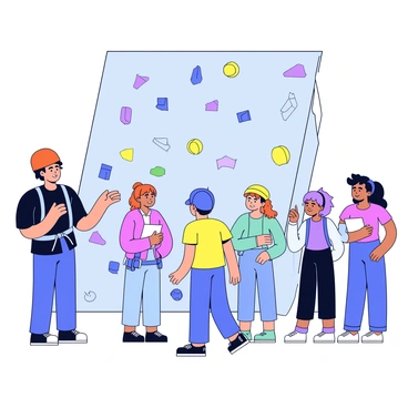 An instructor stands in front of a textured rock wall, showcasing climbing techniques. The instructor is wearing a bright orange helmet and a climbing harness. In front of the instructor, a group of five adventurers, dressed in various outdoor gear, are observing closely, with expressions of concentration on their faces. The rock wall features artificial holds in different shapes and colors, with some climbing ropes hanging down. One adventurer is taking notes, while another is stretching, preparing to climb. The scene is set in an indoor climbing gym, with mats on the floor for safety.