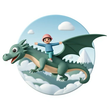 A young child, wearing a blue jacket, green pants, and a red helmet, is sitting on the back of a large green dragon. The dragon has shiny scales, big friendly eyes, and large wings that are spread wide as it soars. Below them, there are majestic mountains with snow-capped peaks and lush green valleys. The sky is bright blue, dotted with a few fluffy white clouds. The child is smiling broadly, with arms outstretched, enjoying the thrill of the ride.
