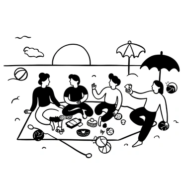 A group of friends sitting on a large picnic blanket spread out on the sandy beach. Various picnic foods like sandwiches, fruit, and drinks are placed on the blanket. In the background, the sun sets over the horizon of the ocean, casting a silhouette of the friends. Several beach umbrellas are scattered around, and a few beach balls are resting on the sand. One friend is reaching for a drink, while another is laughing and pointing toward the ocean.