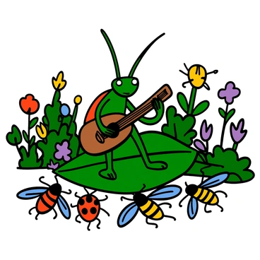 A grasshopper with bright green body and long antennae is standing on a large leaf, playing a small guitar. Around the grasshopper, there are several colorful insects, including a ladybug with red shells and black spots, a dragonfly with shimmering blue wings, and a bumblebee with yellow stripes. The insects are gathered closely, some clapping their tiny hands and others swaying to the music. The background features a lush garden with various plants and flowers, creating a vibrant and lively atmosphere. The scene conveys a sense of joy and togetherness among the insects.