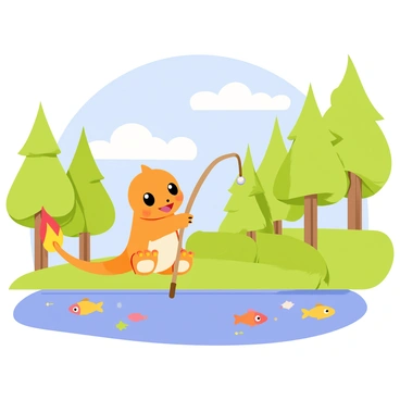 A cute Charmander with bright orange scales and a fiery tail sits patiently on a green grassy bank beside a calm blue lake. The water reflects the clear blue sky above, dotted with fluffy white clouds. In Charmander's hands, there is a simple wooden fishing rod, slightly bent from use, with a small bobber gently bobbing on the surface of the water. Surrounding the scene, tall green trees line the shore, their leaves rustling lightly in the breeze, creating a peaceful atmosphere. A few colorful fish can be seen swimming just beneath the water's surface.