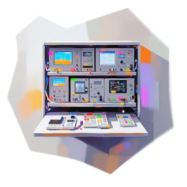 An avionics rack filled with various electronic equipment is displayed prominently. The rack is metallic and has a series of shelves, each packed with complex devices and instruments. There are multiple circuit boards, connectors, and display screens visible on the shelves. Some devices have flashing lights, indicating they are powered on. Wires and cables are neatly organized and connect the different components. The background is neutral to emphasize the details of the avionics equipment.