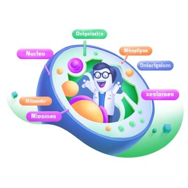A scene depicting a whimsical tour of an animal cell. In the center, a character wearing a lab coat and glasses is animatedly exploring the cell's interior. Surrounding the character are various organelles, each clearly labeled with bright, colorful text. The nucleus is prominently displayed, with the label "Nucleus" in bold letters. Nearby, the mitochondria are shown with the label "Mitochondria," and the endoplasmic reticulum is illustrated with the label "Endoplasmic Reticulum." The Golgi apparatus also features a label, while lysosomes and ribosomes are included with their respective names. The entire scene is filled with vibrant colors, making each organelle easily distinguishable.