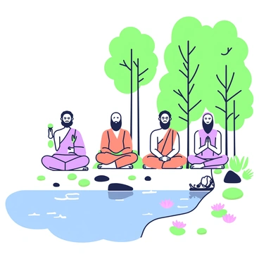 A group of sadhus is seated by the riverbank, each in a posture of meditation. They are dressed in simple, flowing robes, with some wearing orange or ochre colors. The river flows gently beside them, reflecting the surroundings. Tall trees with dense foliage rise in the background, their branches creating a natural canopy. The sadhus have serene expressions, with one holding a mala in his hands while another has his palms together in a gesture of prayer. The atmosphere appears tranquil with small stones scattered across the riverbank and a few lotus flowers nearby, adding to the peaceful setting.