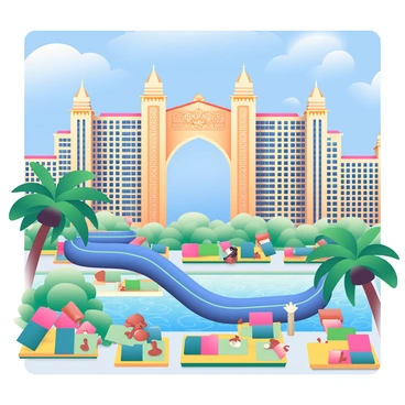 A view of "The Atlantis, The Palm" resort showcases its majestic architecture with a grand, ornate façade featuring intricate details and towering spires. In the foreground, a sprawling water park is visible, filled with vibrant blue water slides twisting and turning, along with a lazy river winding through lush greenery. Sunbathers relax on colorful loungers arranged around a large, sparkling pool. Palm trees sway gently in the breeze, framing the scene with their tropical leaves. The sky above is bright blue with fluffy white clouds scattered throughout, enhancing the lively atmosphere of the resort.