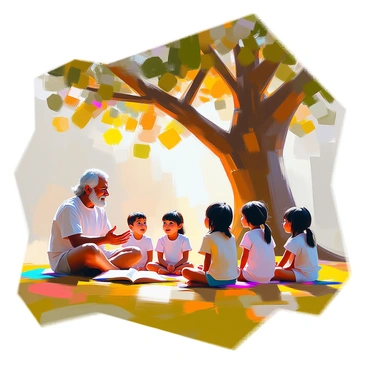 A group of diverse children, consisting of both boys and girls, sit cross-legged on the grassy ground beneath the expansive branches of a large, leafy tree. They are attentively listening to an elderly storyteller with dark skin and silver hair, who is animatedly sharing tales of "Quetzalcoatl." The children display expressions of wonder and excitement, their eyes wide and focused on the storyteller. The scene is filled with warm sunlight filtering through the tree's leaves, casting dappled shadows on the children and the ground. The storyteller gestures with his hands, emphasizing parts of the tale, while the children lean in closer, captivated by the rich stories being shared.