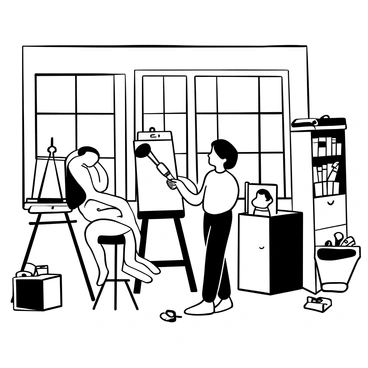 An art studio with large windows allowing natural light to flood the space. In the center, an artist is standing next to an easel, intensely focused on painting a nude model. The model is posed gracefully on a simple stool, with soft fabric draped around them. Various art supplies, including brushes and paint tubes, are scattered around the studio. A palette with mixed colors rests on a nearby table, and a large wooden cabinet filled with canvases stands against the wall. The atmosphere is filled with creativity and concentration.