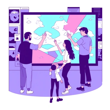 A group of three people is interacting with a large, illuminated digital display in a modern art museum. The display shows vibrant, abstract visuals that change colors frequently. Two of the visitors, a man and a woman, are reaching out to touch the screen, while the third visitor, a young girl, is watching intently with wide eyes. The museum's walls are adorned with various contemporary artworks, creating a dynamic environment around them.