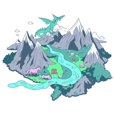 A detailed fantasy world map filled with various geographical features. There are towering mountains in shades of gray, their peaks capped with white snow. A winding river flows through the land, glimmering under the sun, and its banks are lined with intricate patterns of vegetation. Scattered across the map are mythical creatures, such as a teal dragon soaring above the mountains, and a pink unicorn grazing near the river’s edge. The map includes marked locations and symbols representing different territories and hidden treasures. Each area is well-defined, creating a sense of adventure in this enchanting landscape.