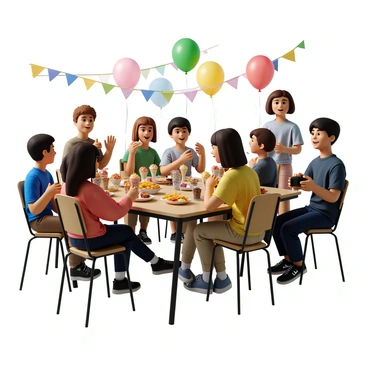 A group of students gathered in a classroom decorated with colorful balloons and streamers for an end-of-year party. They are enjoying a variety of snacks, including cupcakes, chips, and fruit platters placed on a long table. Some students are sitting on chairs, while others are standing and chatting, sharing laughter and memories. One student is holding a camera, capturing the moments, while another is animatedly recounting a funny story, causing a few to laugh. The atmosphere is lively, with bright smiles and a sense of camaraderie among them.