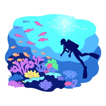 An underwater scene depicts a silhouette formed by vibrant fish swimming and colorful coral. The profile of a diver emerges from the school of fish, with their shapes and movements creating a clear outline against the blue water. Various species of fish, including small yellow and orange ones, swim around the coral, which features intricate shapes and textures in contrasting colors. Sunlight filters through the water, casting shimmering patterns on the ocean floor, enhancing the dynamic interaction between the marine life and the coral.