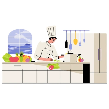 A chef wearing a white coat and a tall chef's hat is focused on preparing a gourmet dinner in a modern yacht kitchen. The kitchen features stainless steel appliances, including an oven, refrigerator, and a large countertop. Colorful vegetables and spices are neatly arranged on the countertop, while a pot simmers on the stove. A window shows glimpses of the ocean outside, with waves gently lapping against the yacht. The chef is carefully chopping herbs next to a cutting board, with an array of kitchen utensils hanging in the background.