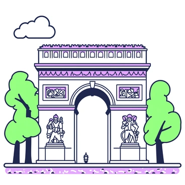 A close-up view of the Arc de Triomphe showcases intricate carvings on its stone surface. The carvings depict historical figures and scenes, each detail sharply defined. Surrounding the monument, there are trees with visible leaves, framing the top of the arch. The structure rises prominently with its grand archway, revealing its architectural design. Above, the sky is expansive, suggesting a clear day. At the base, a cobblestone road leads towards the monument, enhancing its monumental appearance.