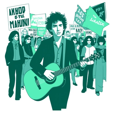 A teal Bob Dylan with tousled hair is walking through a bustling protest rally. He has a guitar slung over his shoulder, with the body of the guitar exhibiting intricate detailing. The crowd around him is holding banners and signs, with some featuring various slogans. People are dressed in a mix of styles, from casual attire to iconic 1960s outfits. The atmosphere is dynamic, with faces showing determination and passion. Sunlight filters through the crowd, creating vibrant contrasts between the teal of Dylan and the multicolor banners.