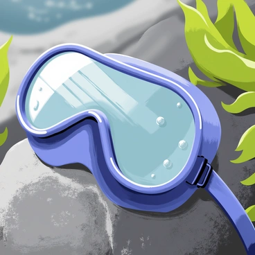 A close-up of a shiny diving mask with a reflective lens resting on a textured gray rock. The lens has several water droplets clinging to its surface, creating a clear, glossy effect. The background is blurred, suggesting a coastal setting, with hints of green seaweed partially visible around the rock. Light glimmers off the mask, highlighting its smooth edges and the intricate straps attached to it.