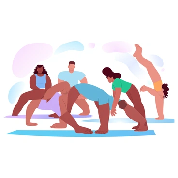 A diverse group of people is engaged in a fitness class, all participating in a synchronized stretching routine. There are individuals of various ethnicities, including a woman with curly hair wearing a purple tank top, a man with shaved hair dressed in a blue t-shirt, a person with long braids in a green shirt, and another individual in a bright orange outfit. They are positioned in a semi-circle, extending their arms and legs, while mats in varying pastel colors are laid out beneath them. Soft, gradient pastel colors fill the background, creating a harmonious atmosphere for their activity.