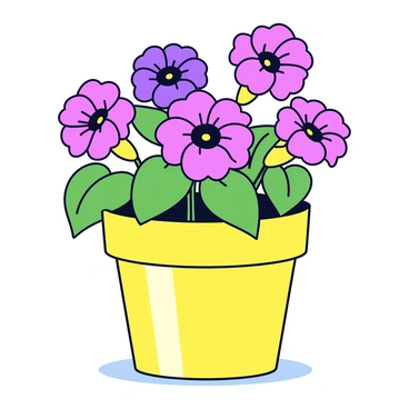 A cheerful ceramic flower pot with a glossy finish, featuring a bright yellow color. The pot is filled with blooming petunias in vibrant shades of pink and purple. The flowers have open, trumpet-shaped petals and lush green leaves. The flower pot is placed on a sunny windowsill, with sunlight illuminating the flowers, casting soft shadows on the surface.