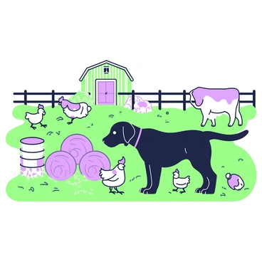 A black Labrador is exploring a barnyard filled with various elements. The dog has its ears perked up and is sniffing around the ground excitedly. Nearby, there are several round hay bales stacked in clusters, some in the foreground and others in the background. Various farm animals are present in the scene, including a few chickens pecking at the ground and a cow grazing peacefully in the distance. A wooden fence outlines the barnyard, with a small barn visible, adding to the rural atmosphere.