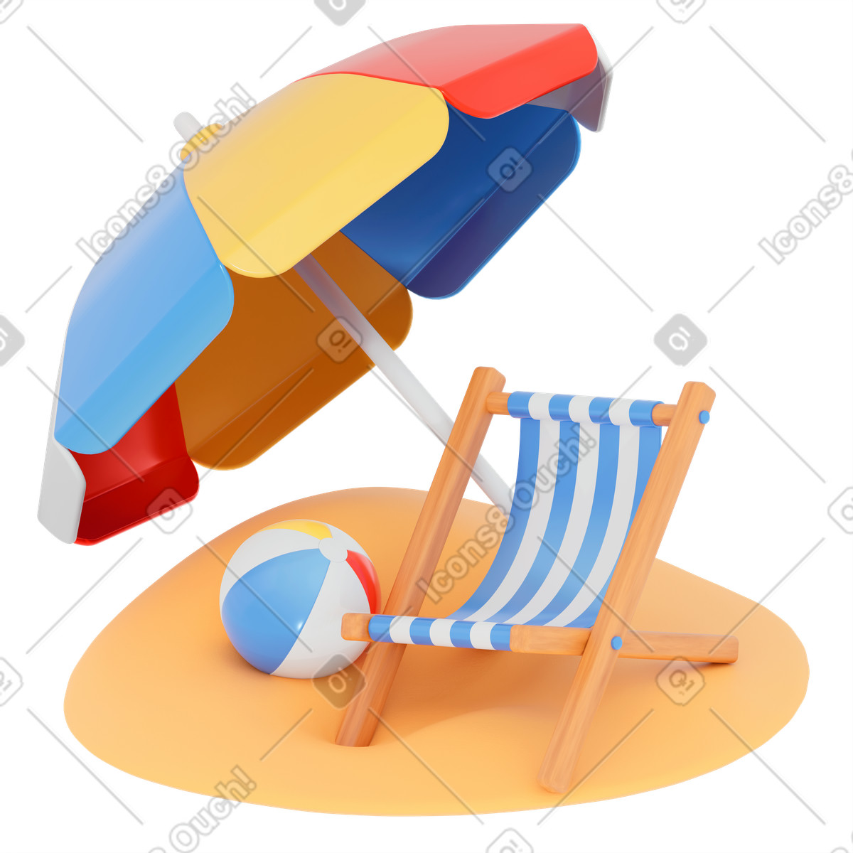 Sedia a sdraio sotto l'ombrellone con palla illustrazione in stile 3D Holidays scarica in PNG, SVG