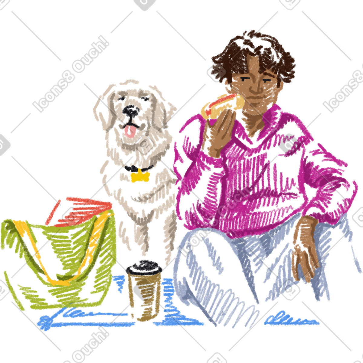 下载 Sketchbook 风格的 Young man and his dog are having a picnic in the park 插画，支持 PNG、SVG 格式
