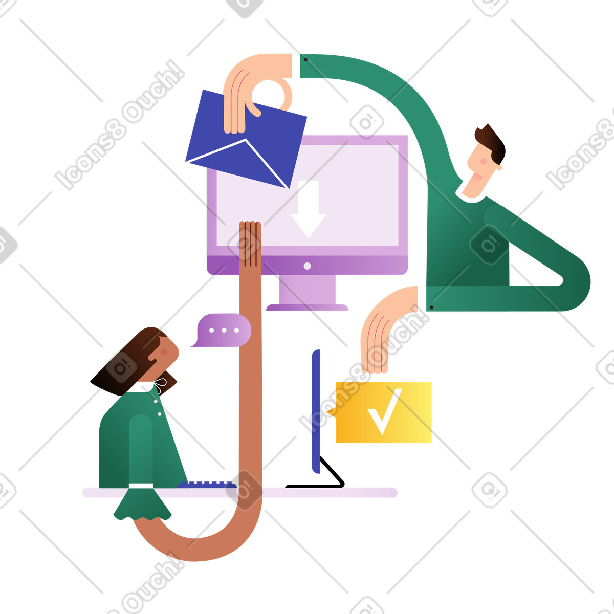 Ilustración Coworkers communicating via email, Business correspondence and office email exchange en estilo Wavy a descargar en PNG y SVG