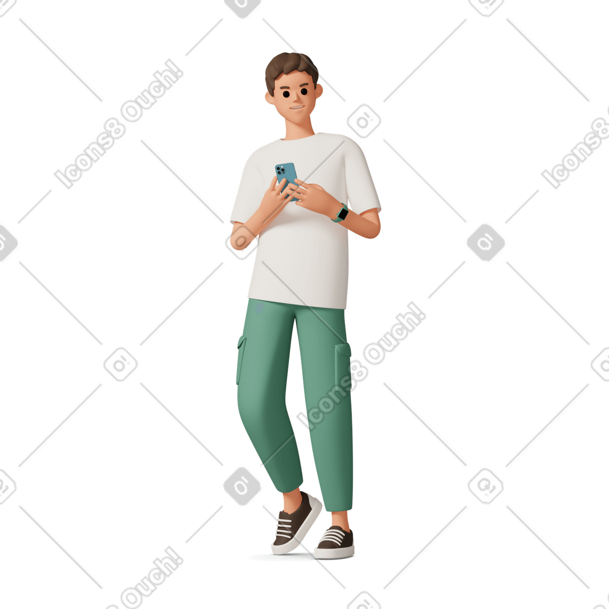 Giovane che sorride e tiene smartphone illustrazione in stile 3D Casual life scarica in PNG, SVG