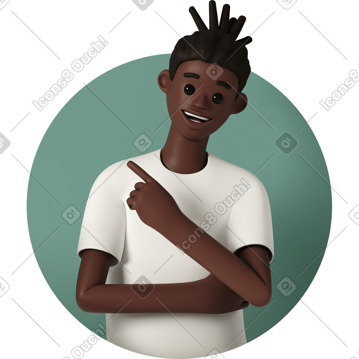Glücklich lächelnder mann zeigt mit dem finger auf die linke seite-Illustration im 3D Casual life-Stil als Download in PNG, SVG