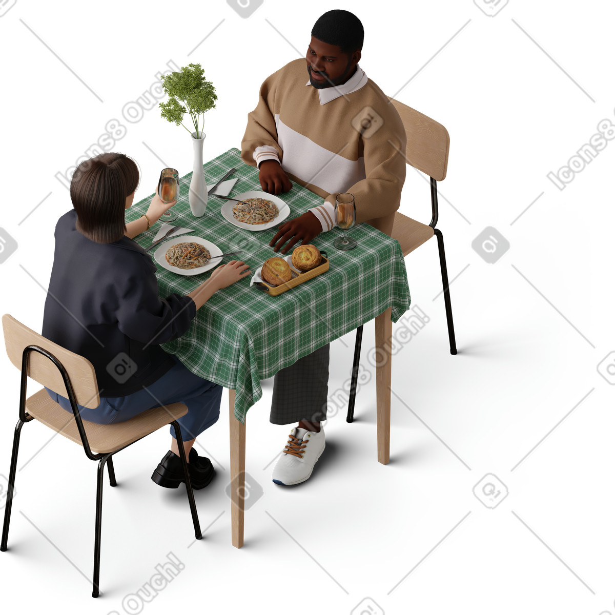 Isometric view of a young girl and man having dinner illustration clipart image in PNG SVG GIF