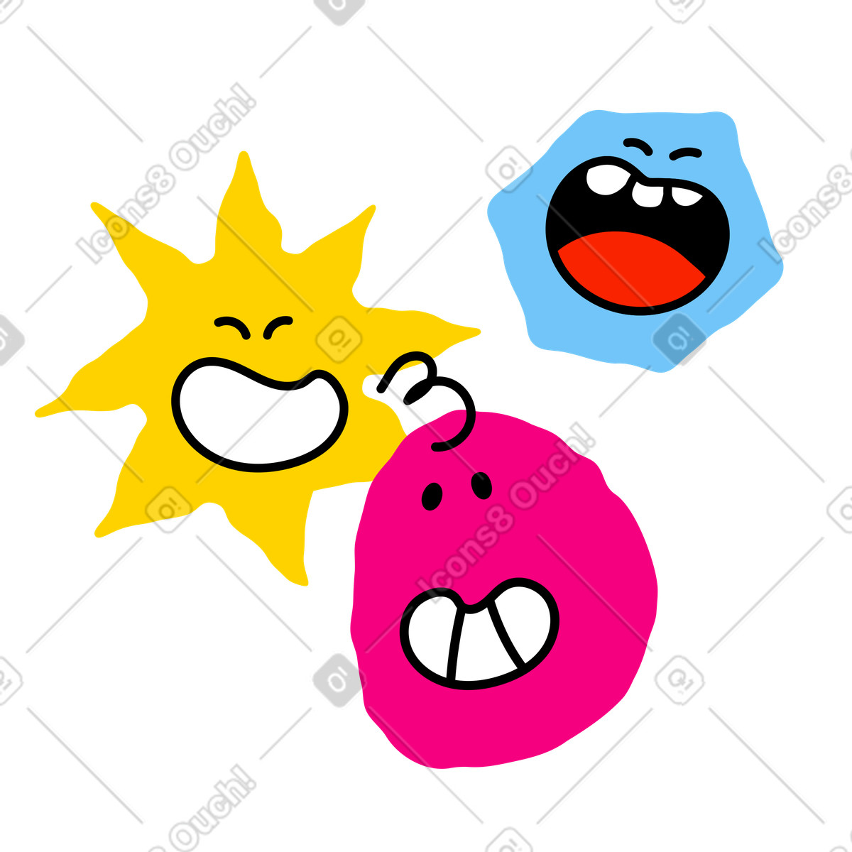 Personaggi allegri di diverse forme stanno ridendo illustrazione in stile Giggle scarica in PNG, SVG