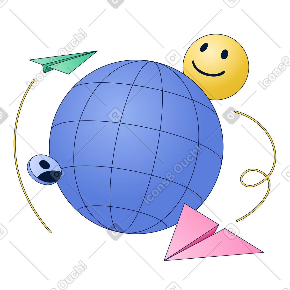 Globo wireframe con aeroplanini di carta e smiley, messaggistica comunicazione globali illustrazione in stile Neat scarica in PNG, SVG