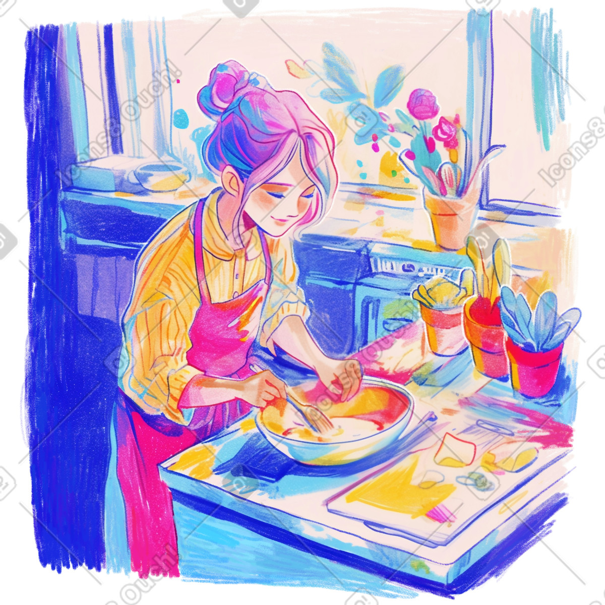 Ilustración Dibujo a lápiz de una mujer joven cocinando en la cocina. estilo Fuchsia descargar PNG y SVG