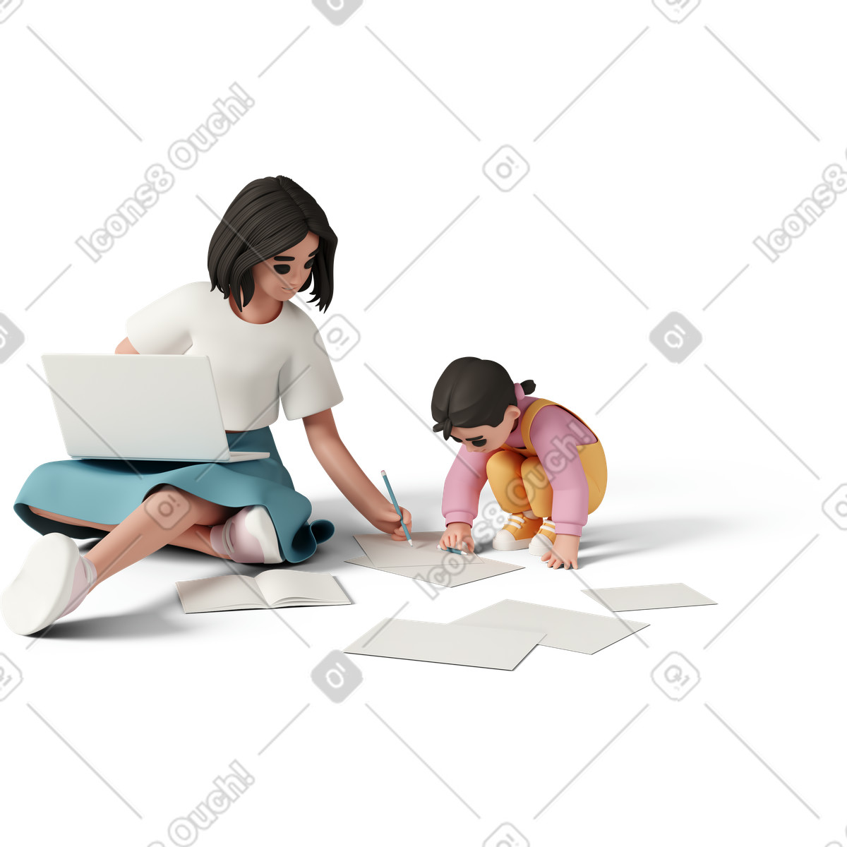 Иллюстрация Business mom working at laptop while her daughter drawing on document в стиле 3D Casual life — скачать в форматах PNG, SVG
