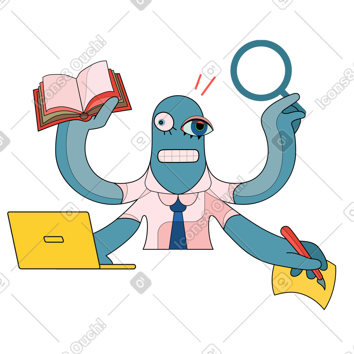 下载 Surr 风格的 Surreal creature multitasking at workplace, Productivity and work management 插画，支持 PNG、SVG 格式