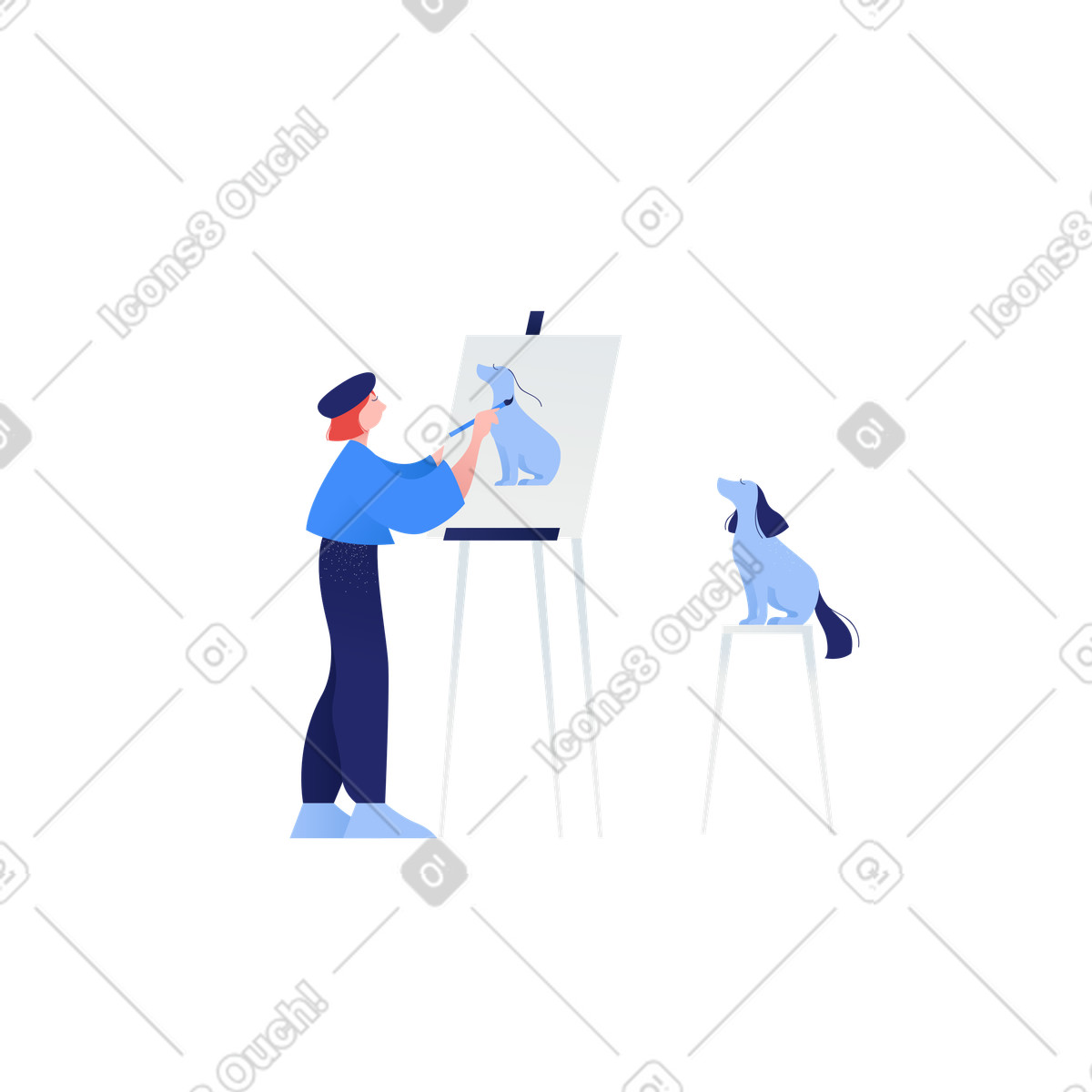 Artist drawing dog on easel, Creative art process illustration in Clip style download in PNG, SVG