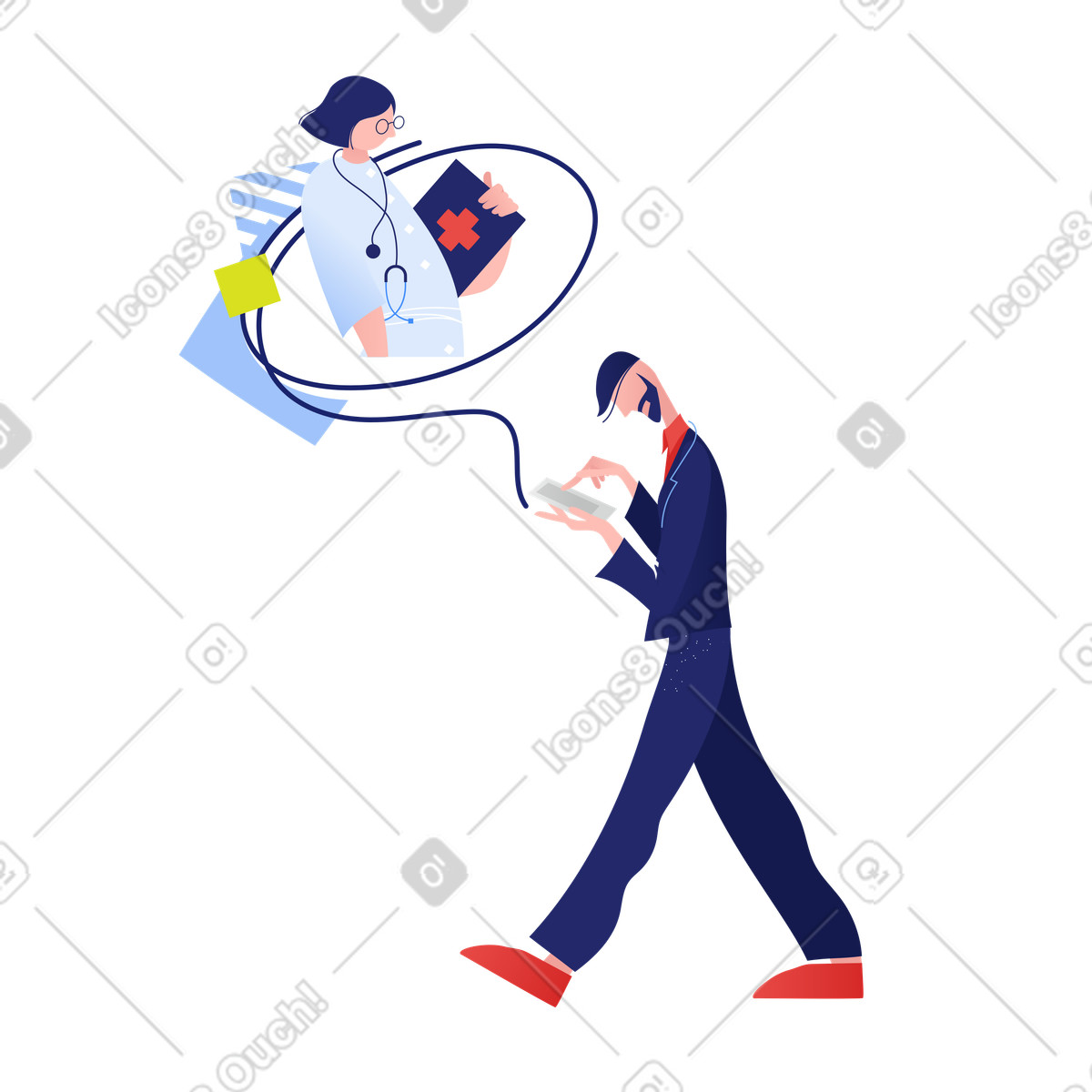 Man with phone illustration asking for therapist's help clipart image in PNG SVG GIF