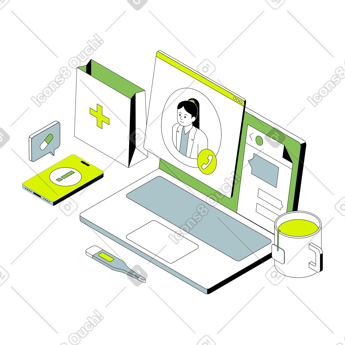 Virtual medical appointment on computer screen, Digital healthcare solution illustration in Isometric style download in PNG, SVG