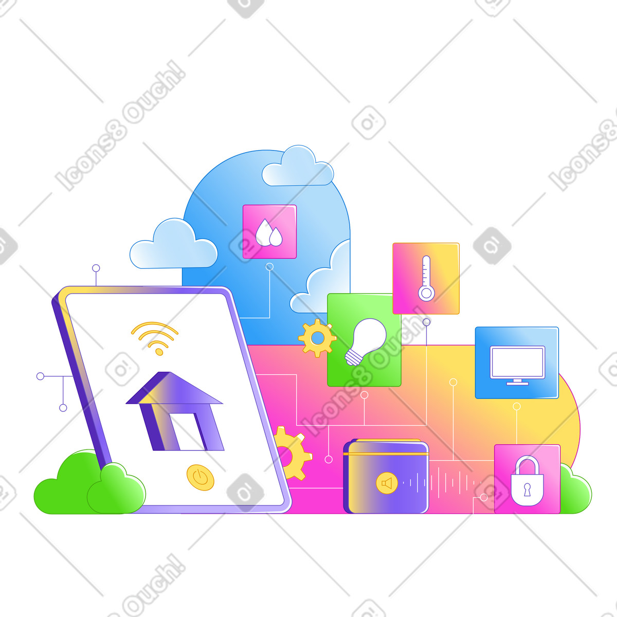 Tablet with smart home app, Remote management illustration in Rainbow style download in PNG, SVG