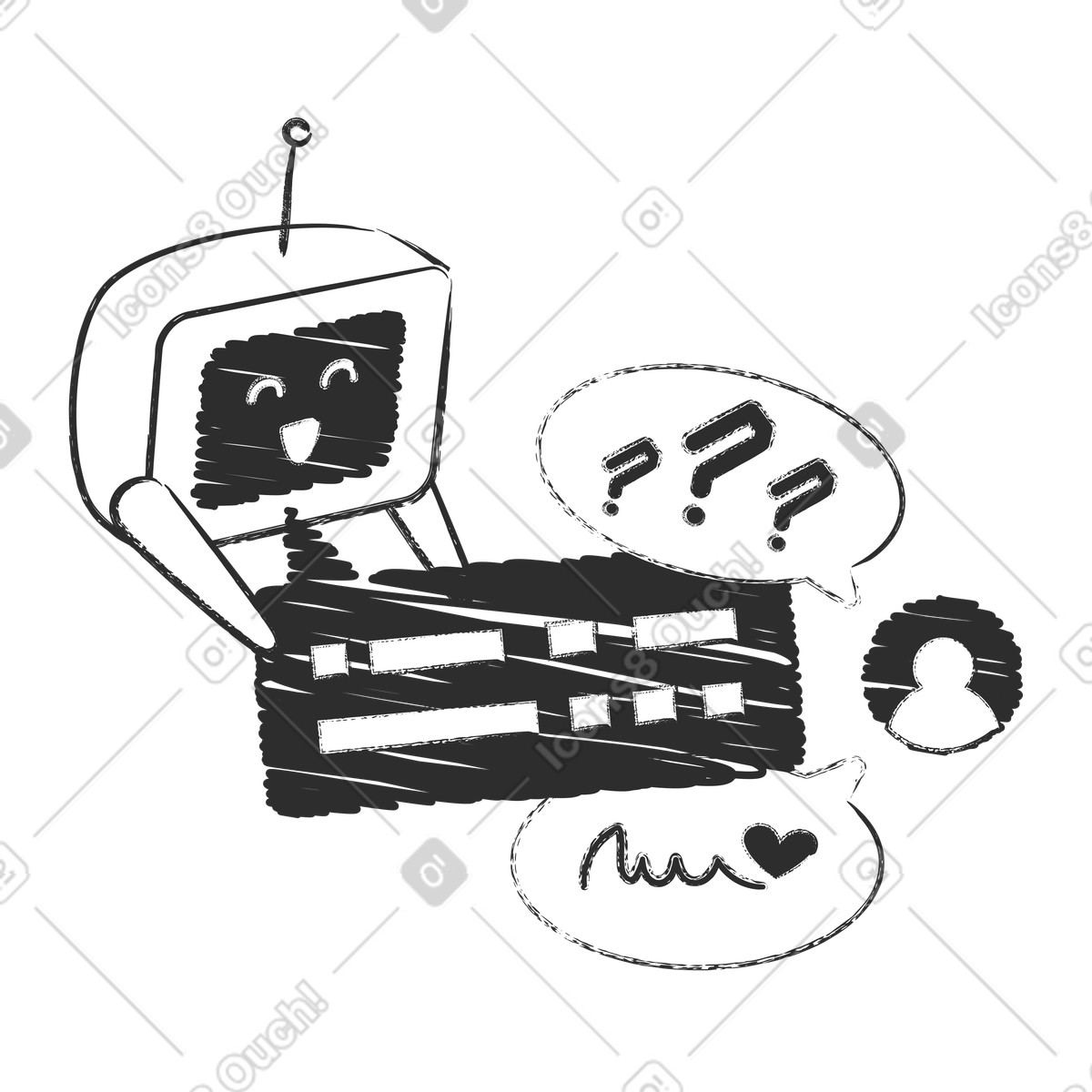 Chatbot responding to user queries, Virtual assistant solution or FAQ bot illustration in Graphite style download in PNG, SVG
