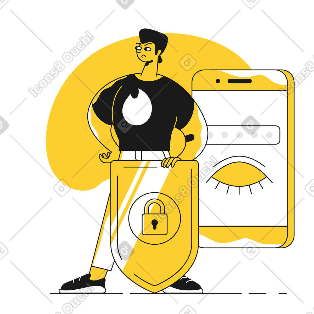 Security guard with shield protecting phone and password illustration in Taxi style download in PNG, SVG