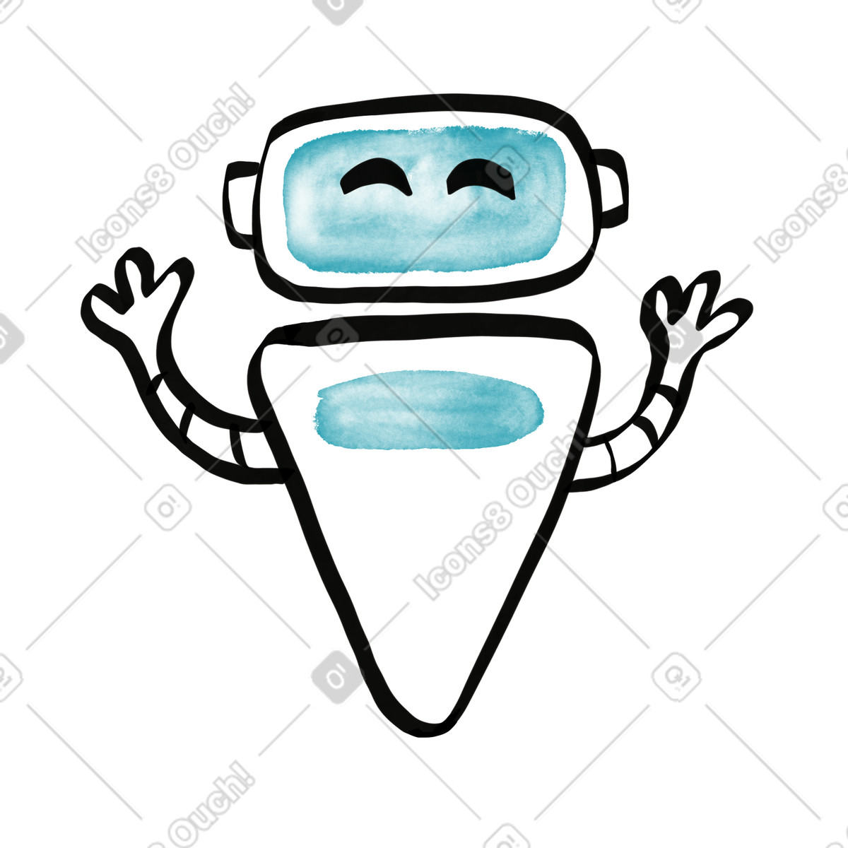 Ilustração de AI robot assistant waving hands with smiling face and blue watercolor details em no estilo sketch para baixar em PNG, SVG