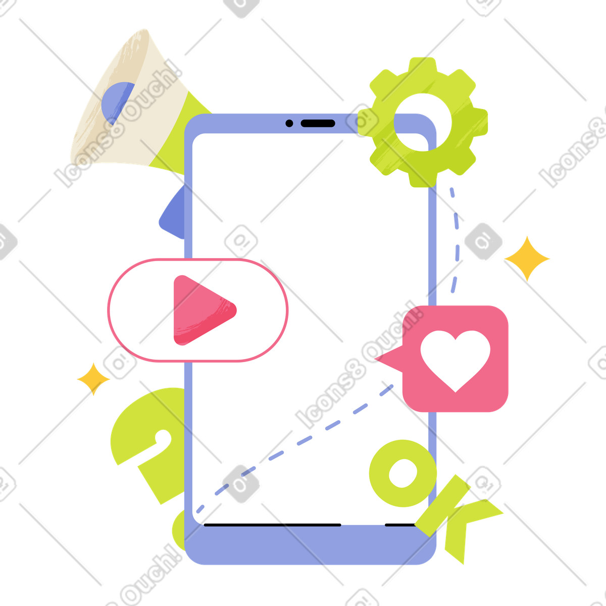 Juicy スタイルの Social media notifications on phone, Online advertising via platforms のイラストをPNG、SVG形式でダウンロード